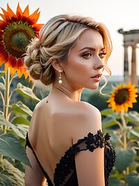 A sultry blonde woman stands at the ancient ruin 39 s entrance dressed in black