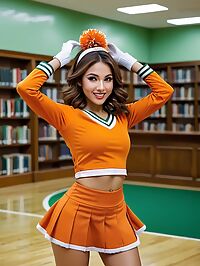 A 32 year old woman in an orange cheerleader uniform navigates a library quietly