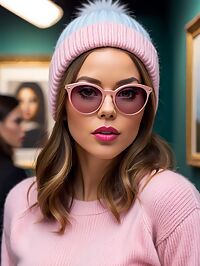 A slender woman with light brown hair wears pink legwear and a sweater in an art gallery